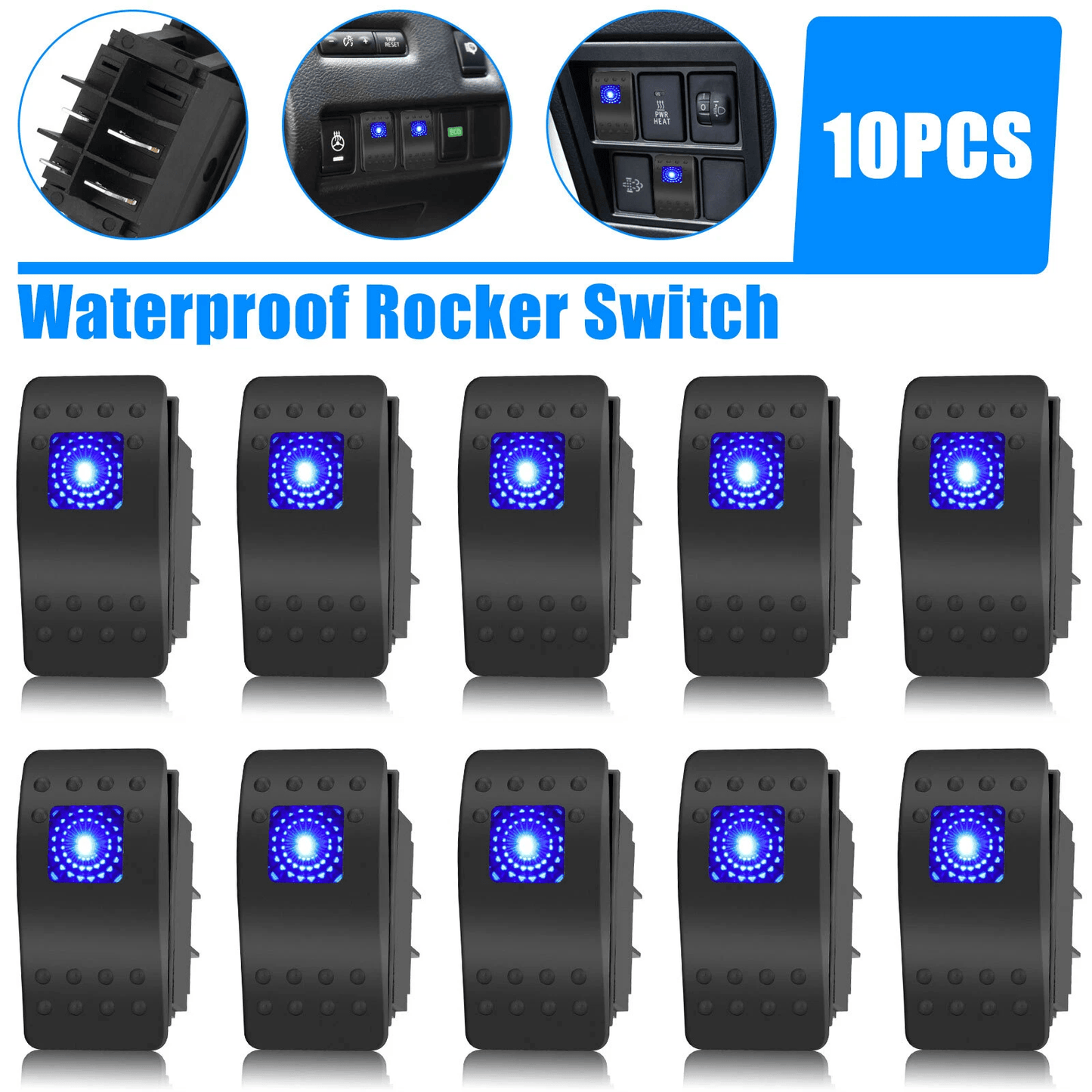 10PCS Waterproof Marine Boat Car Rocker Switch SPST ON-OFF 4 Pin Blue LED Toggle Switch for Automotive ATV UTV Truck RV