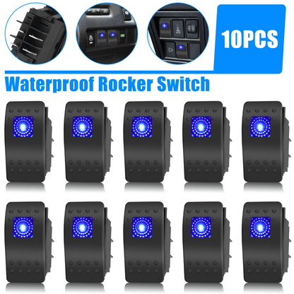 10PCS Waterproof Marine Boat Car Rocker Switch SPST ON-OFF 4 Pin Blue LED Toggle Switch for Automotive ATV UTV Truck RV