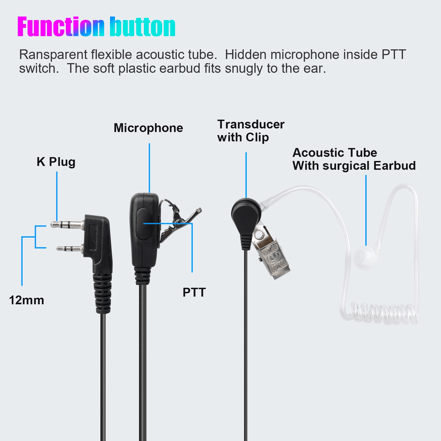 2 Pin Walkie Talkie Earpiece Headset Mic PTT For BAOFENG TwoWay Radio Acoustic Tube Security Survei 4