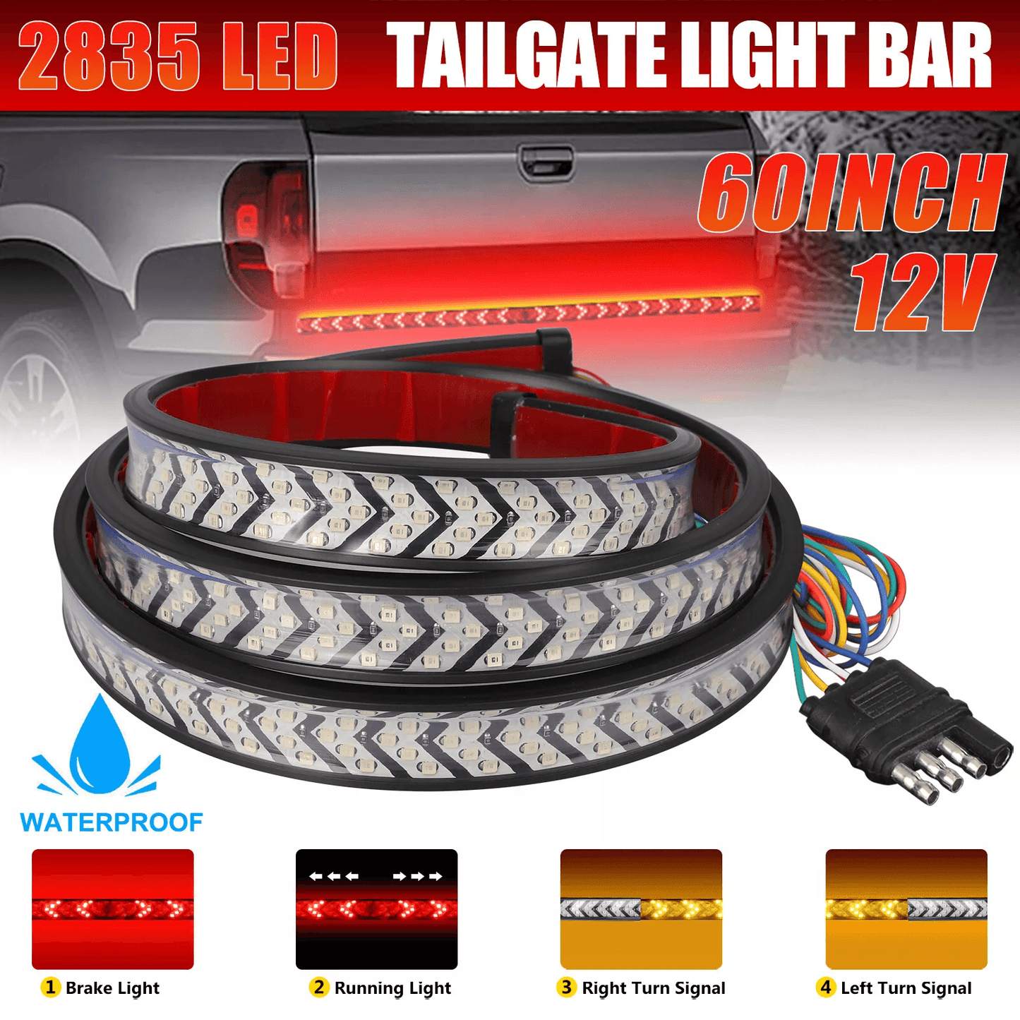Truck Tailgate LED Light Bar Brake Reverse Turn Signal Stop Tail Strip, Waterproof Strip for Pickup, SUV, Trailer, RV