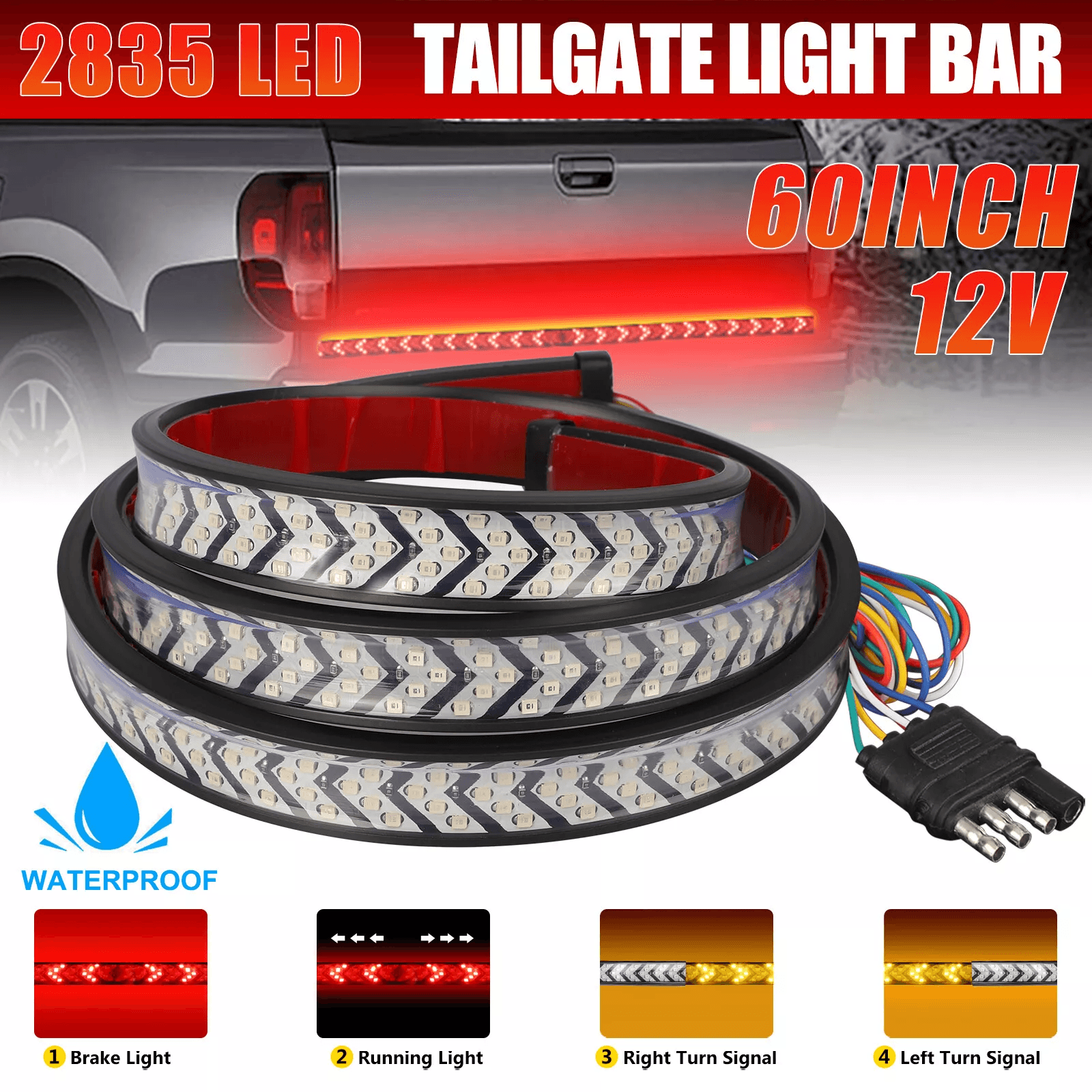 Truck Tailgate LED Light Bar Brake Reverse Turn Signal Stop Tail Strip, Waterproof Strip for Pickup, SUV, Trailer, RV