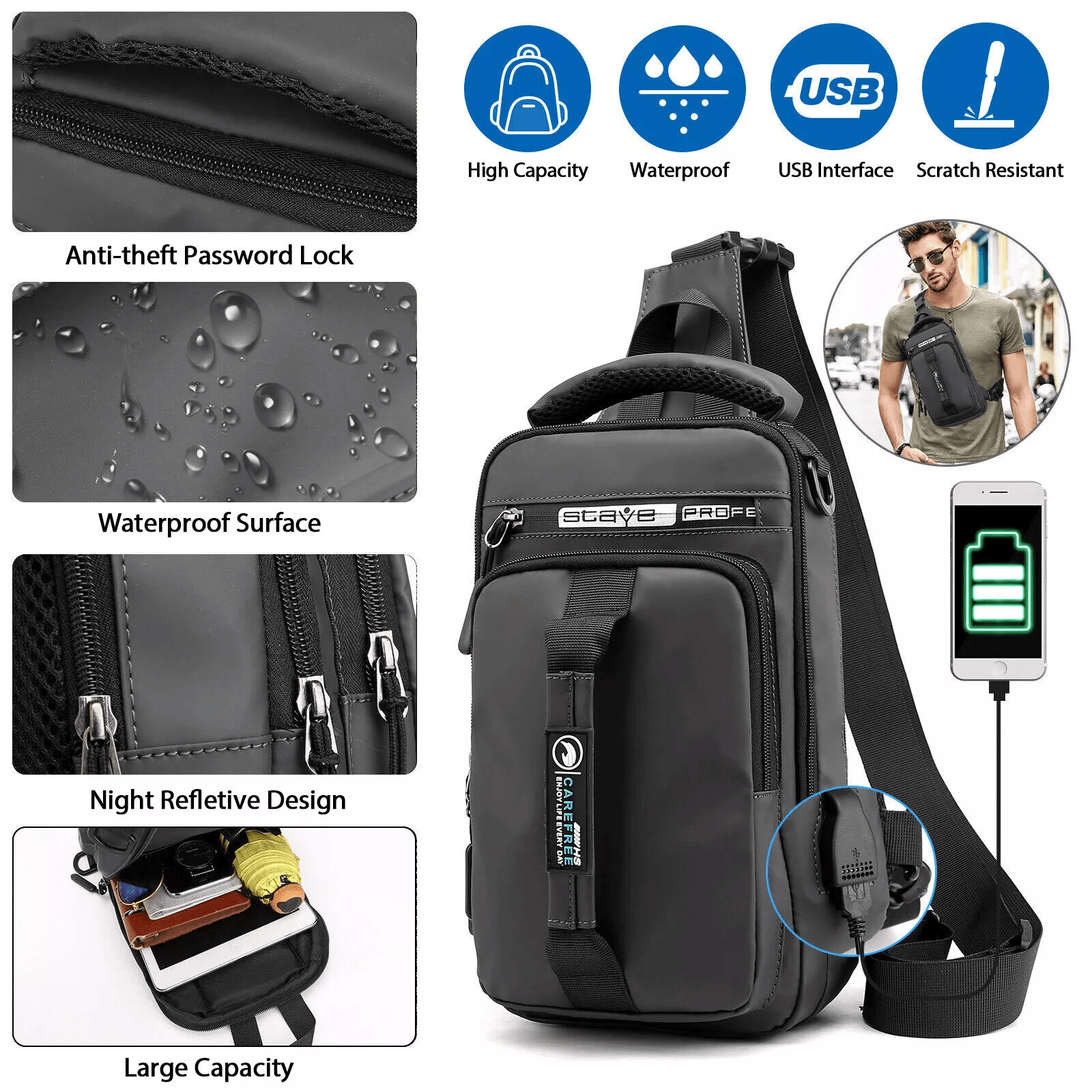 Anti theft Men Sling Crossbody Chest Bag with USB Port, Shoulder Messenger Backpack for Travel & Daily Use