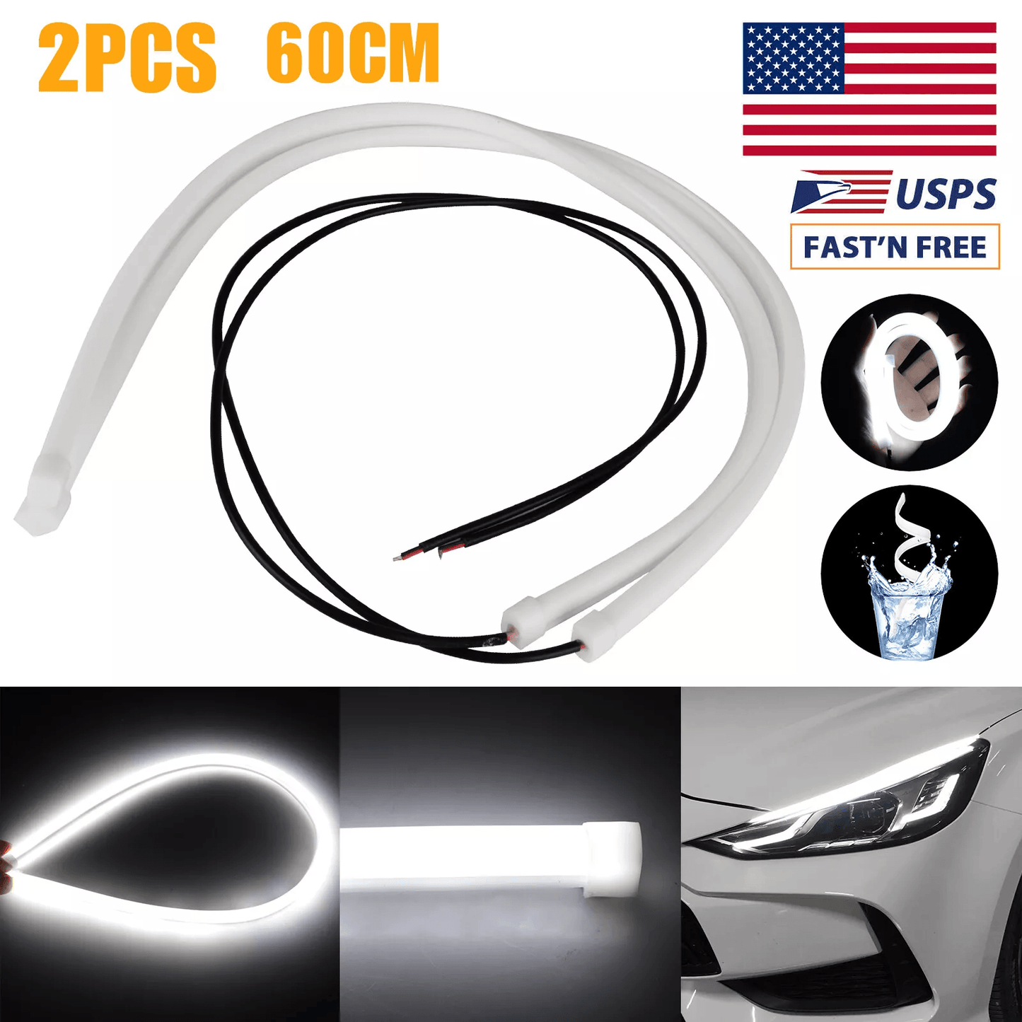 White Flexible LED Strip Lights for Car Headlights Waterproof 6000K Daytime Running DRL Light Strips for Auto,SUV, Truck