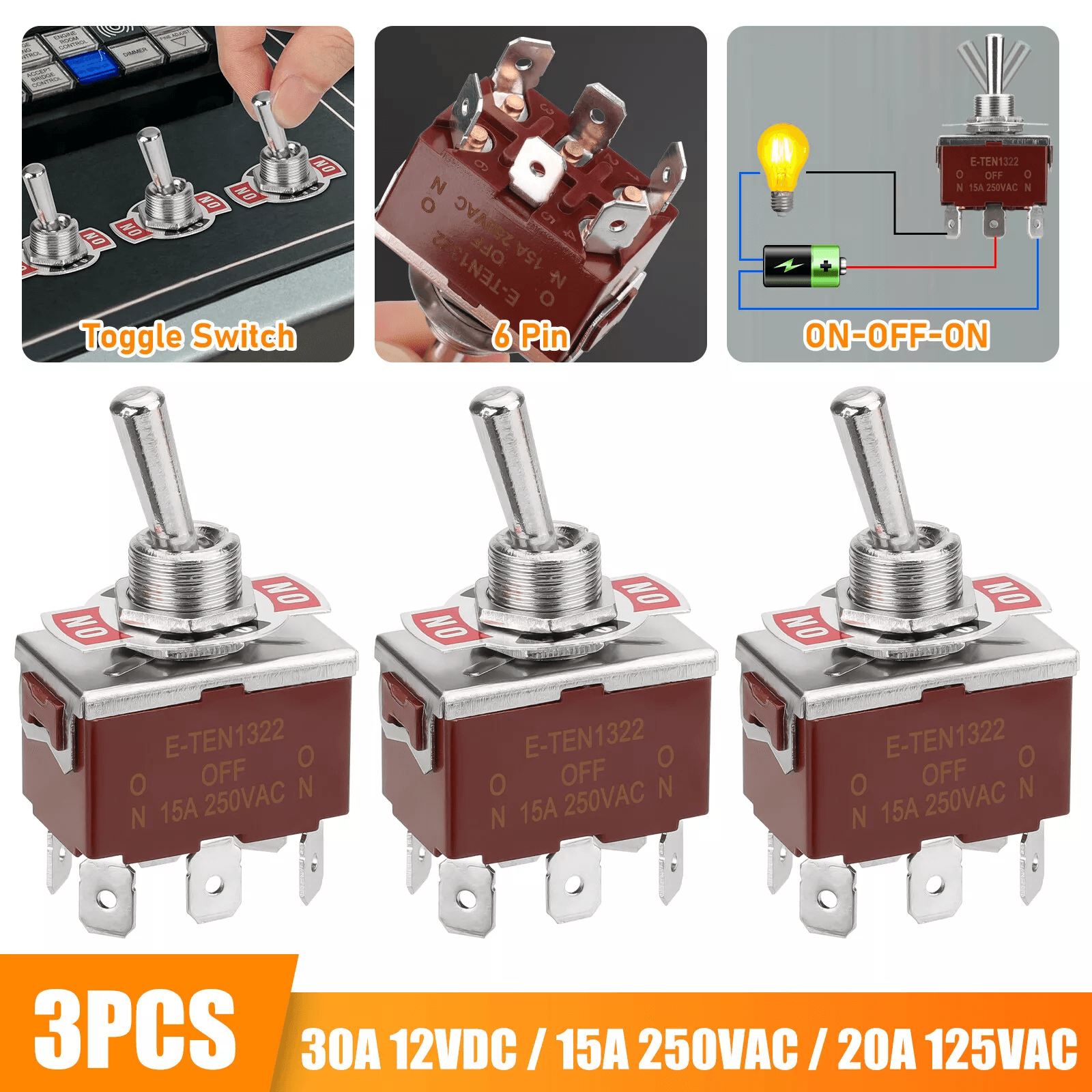 3PCS Toggle Switch Heavy Duty 20A 125V/15A 250V DPDT ON/OFF/ON 6-Pin Spade Terminals for Car Marine RV Truck DIY