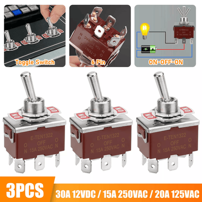 3PCS Toggle Switch Heavy Duty 20A 125V/15A 250V DPDT ON/OFF/ON 6-Pin Spade Terminals for Car Marine RV Truck DIY
