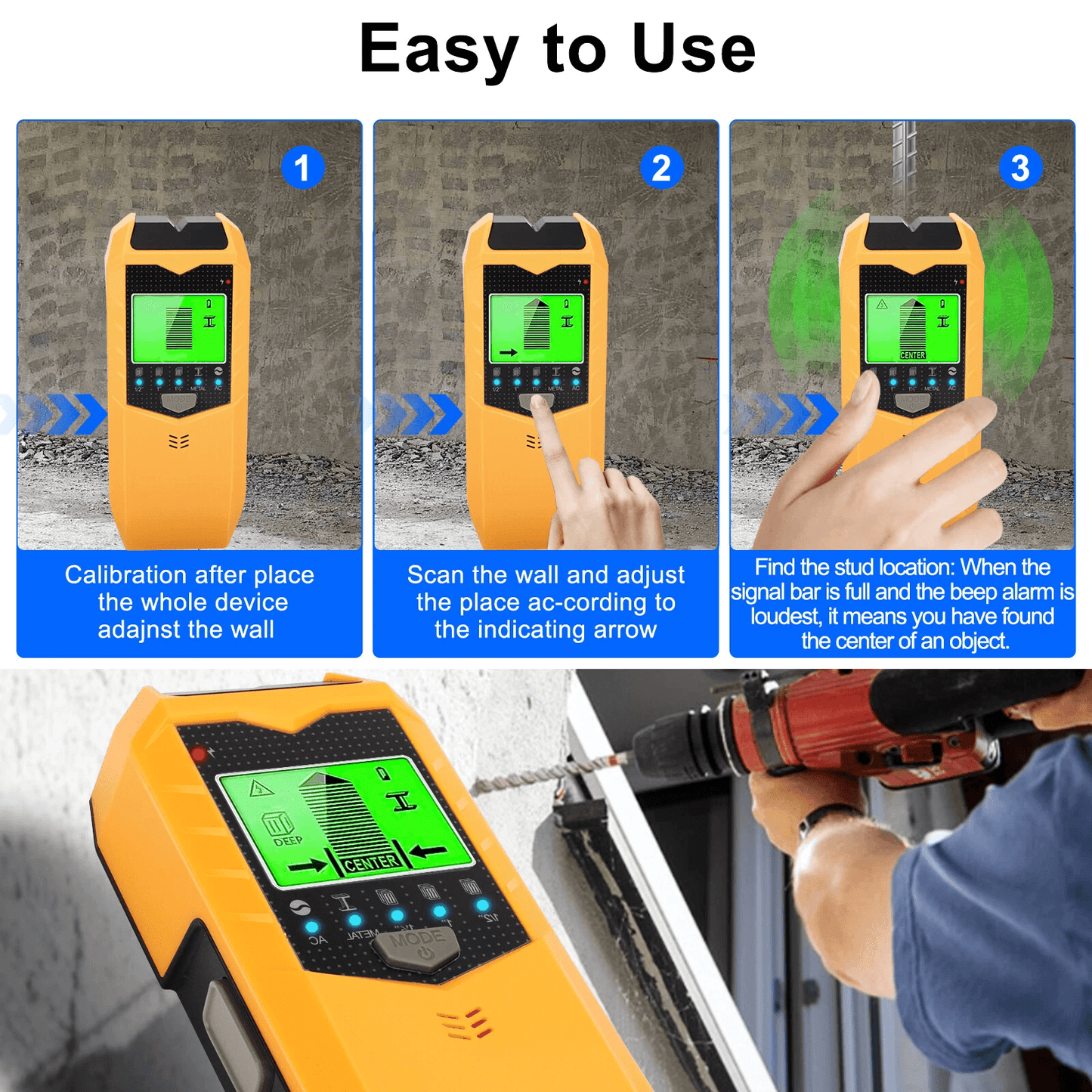 Digital Stud Finder Wood Metal Pipe Wire Wall Scanner Sensor With LCD Display Auto Calibration For  3