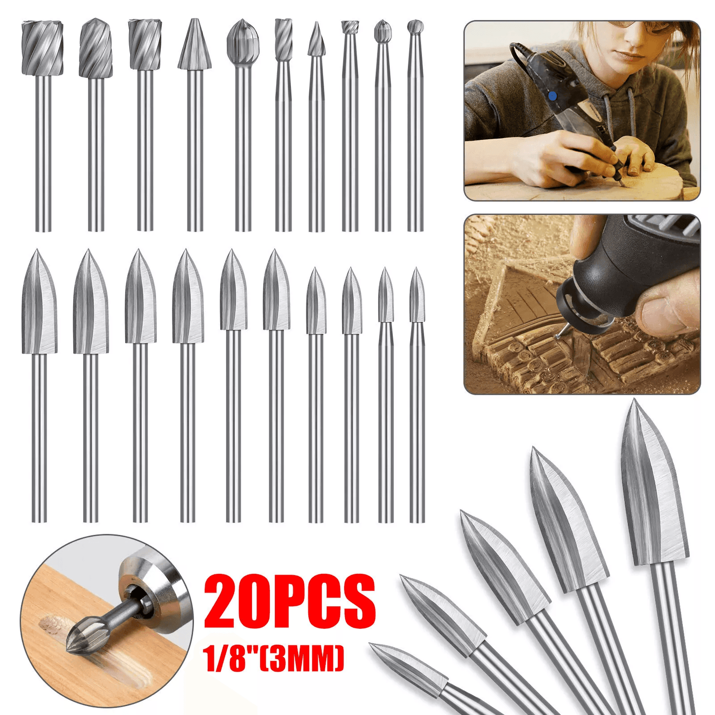 20Pc Wood Carving & Engraving Drill Bits Set – High-Speed Steel Milling Cutter Kit for Dremel Rotary Tools