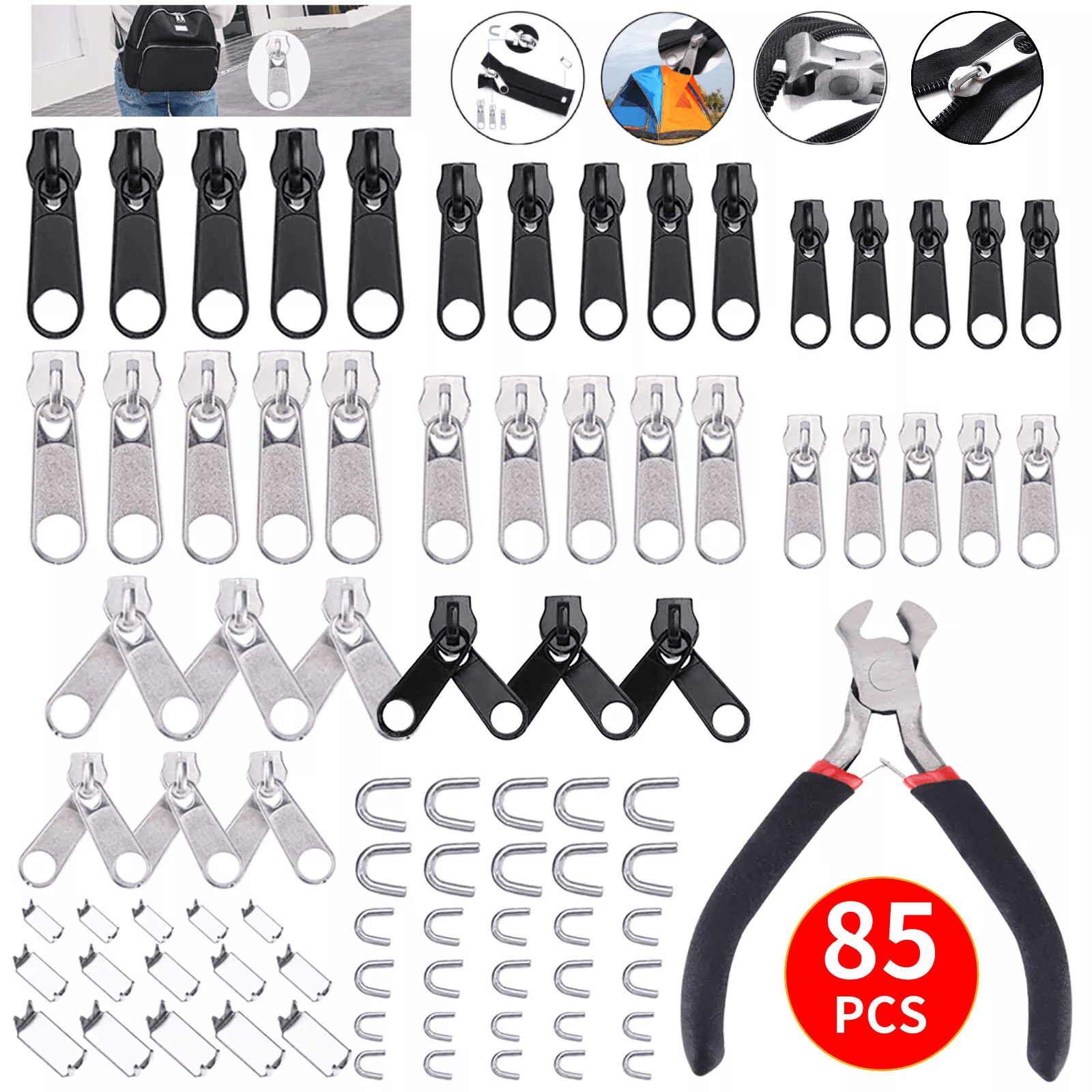 All-in-One Zipper Fix Kit, Complete Removable Rescue Replacement Set with Plier for Clothing, Bags, Tents & Luggage
