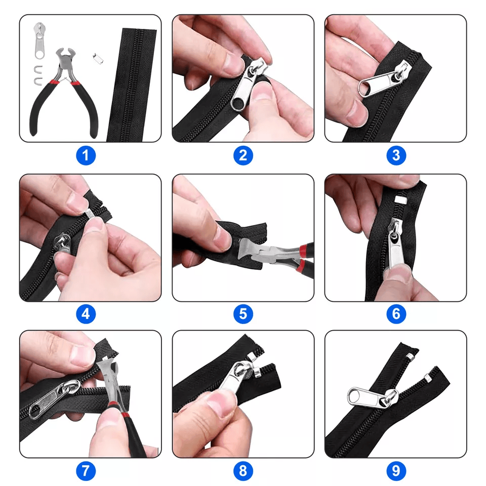 AllinOne Zipper Fix Kit Complete Removable Rescue Replacement Set With Plier For Clothing Bags Tent 8