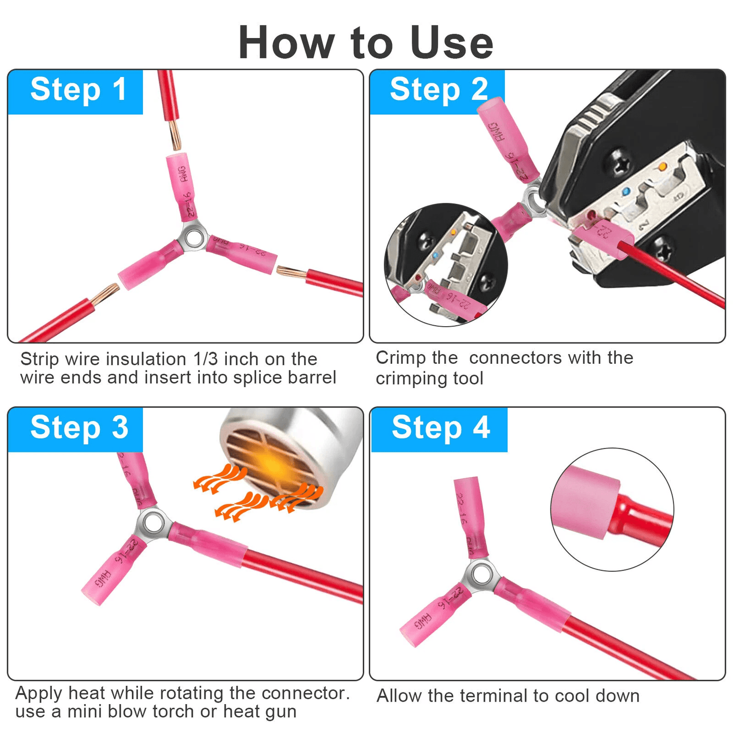 20pcs 2216 Gauge AWG 3 Way Wire Connector Heat Shrink Butt Terminals Waterproof Heavy Duty Electric 1
