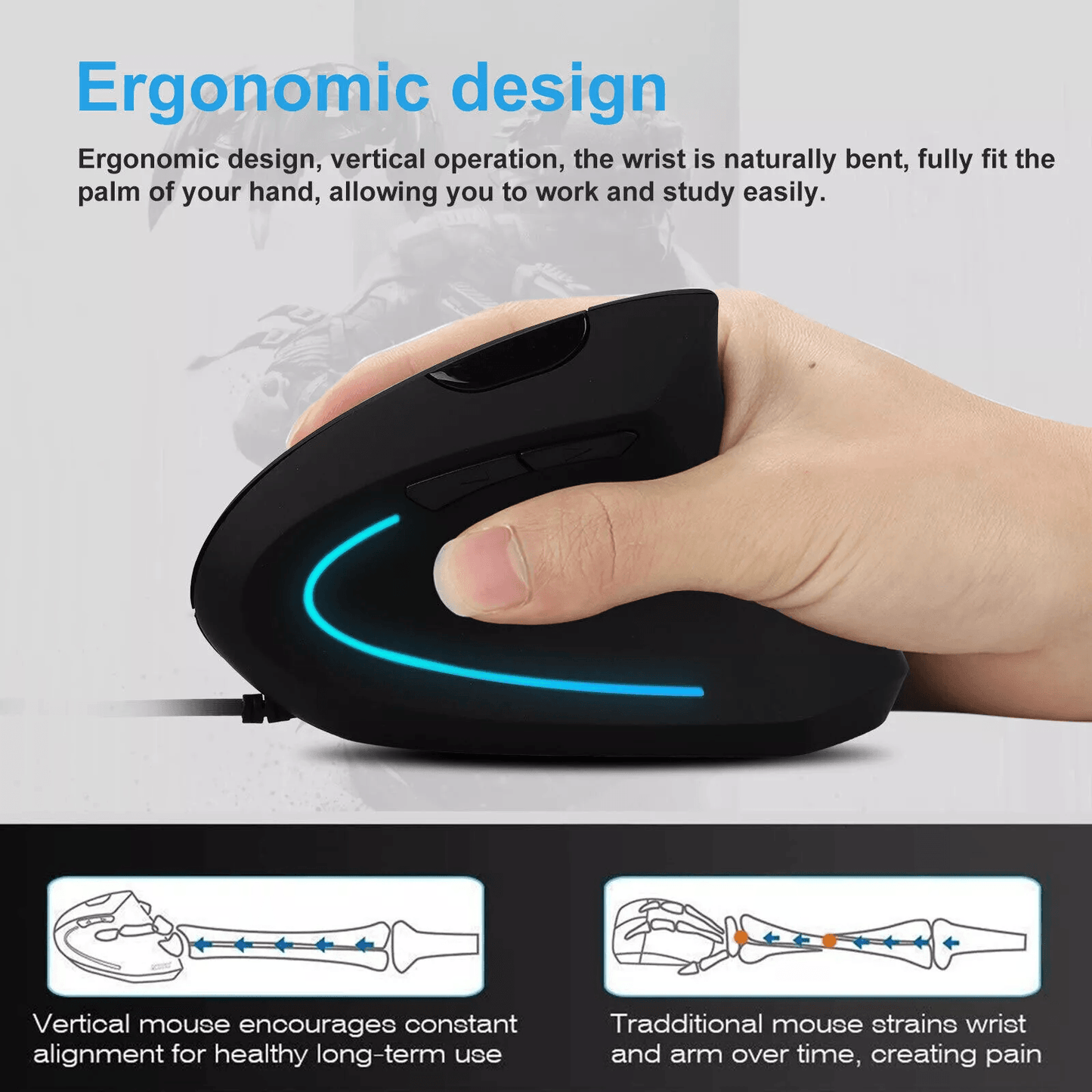 Ergonomic Optical Vertical Mouse USB Wired 2400 DPI LED Mice With 6 Buttons For PC Laptop Computer  2