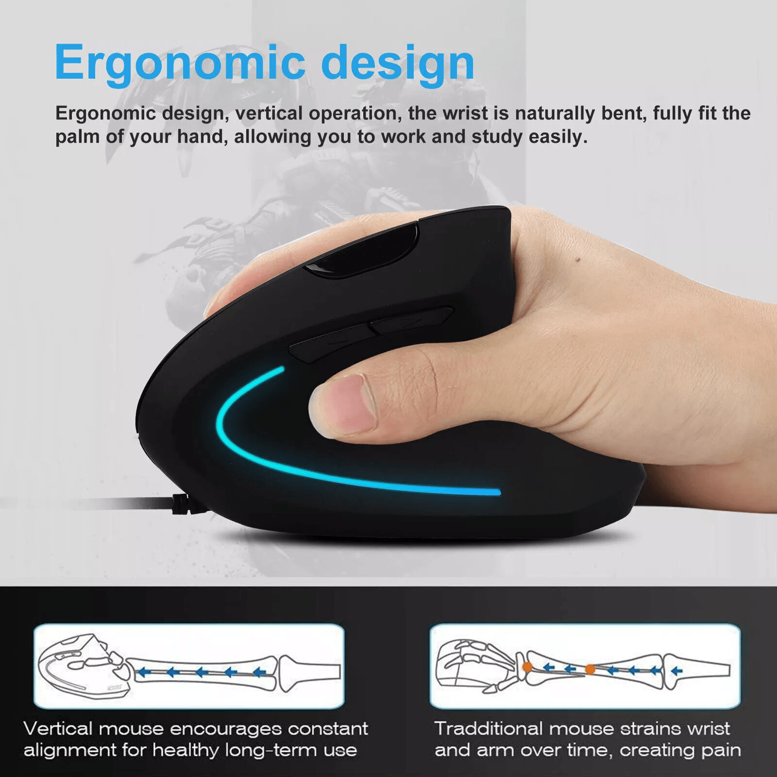 Ergonomic Optical Vertical Mouse USB Wired 2400 DPI LED Mice With 6 Buttons For PC Laptop Computer  2