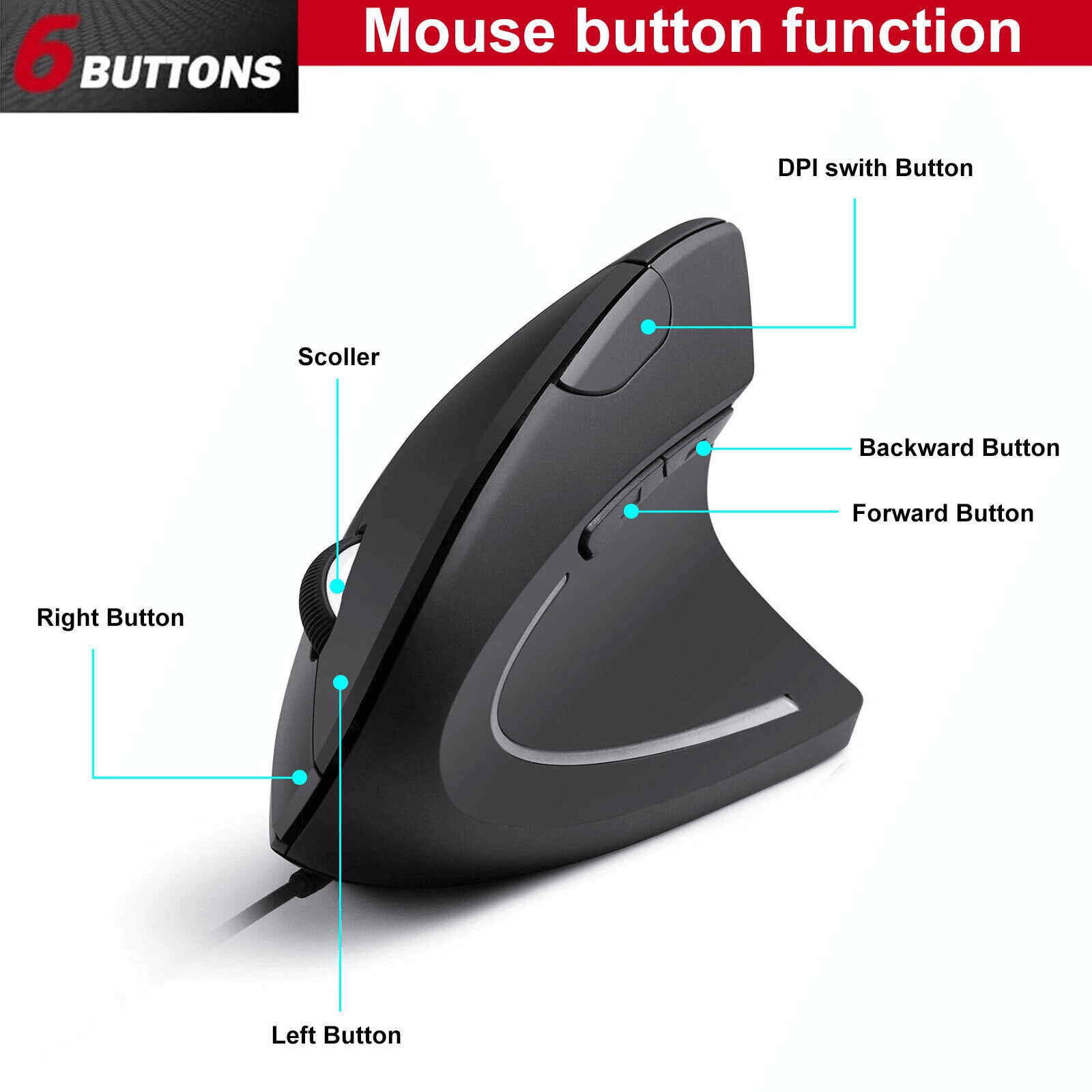 Ergonomic Optical Vertical Mouse USB Wired 2400 DPI LED Mice With 6 Buttons For PC Laptop Computer  4