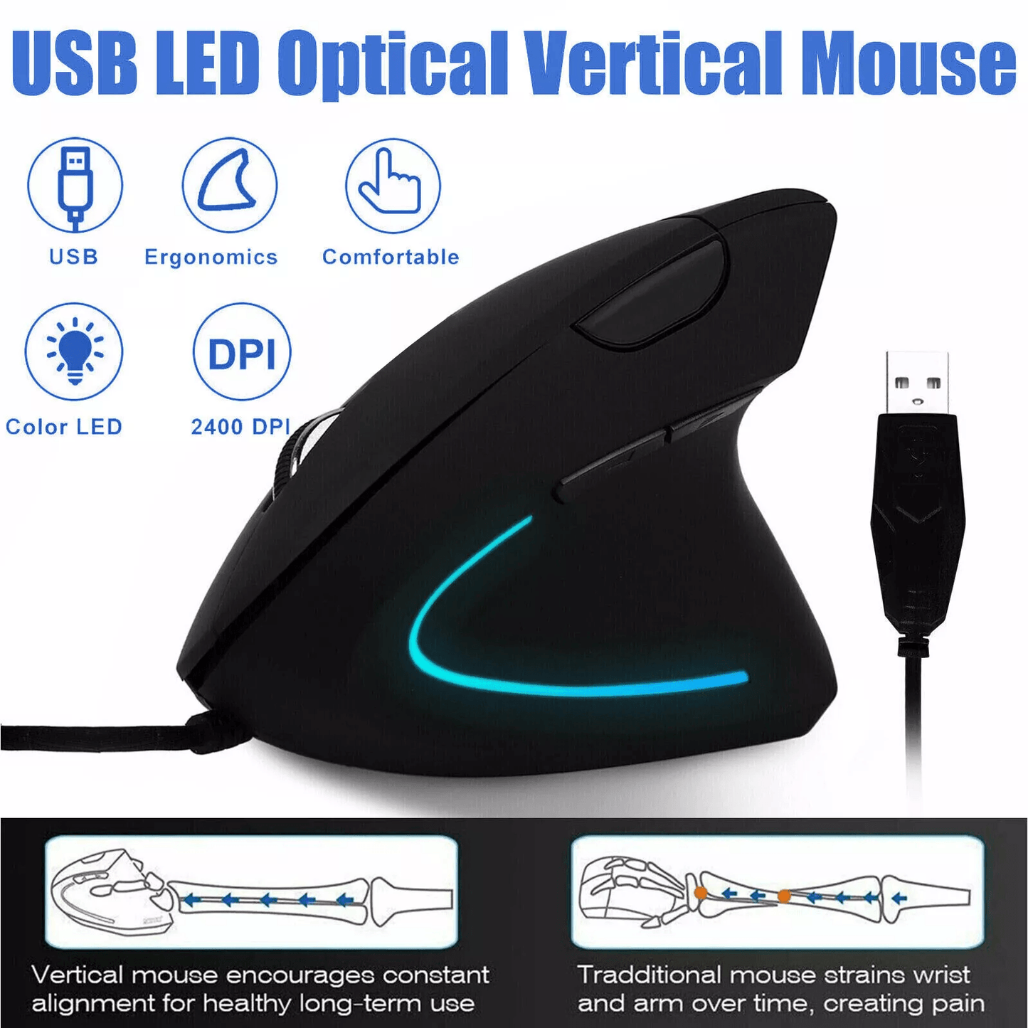 Ergonomic Optical Vertical Mouse USB Wired 2400 DPI LED Mice With 6 Buttons For PC Laptop Computer  1