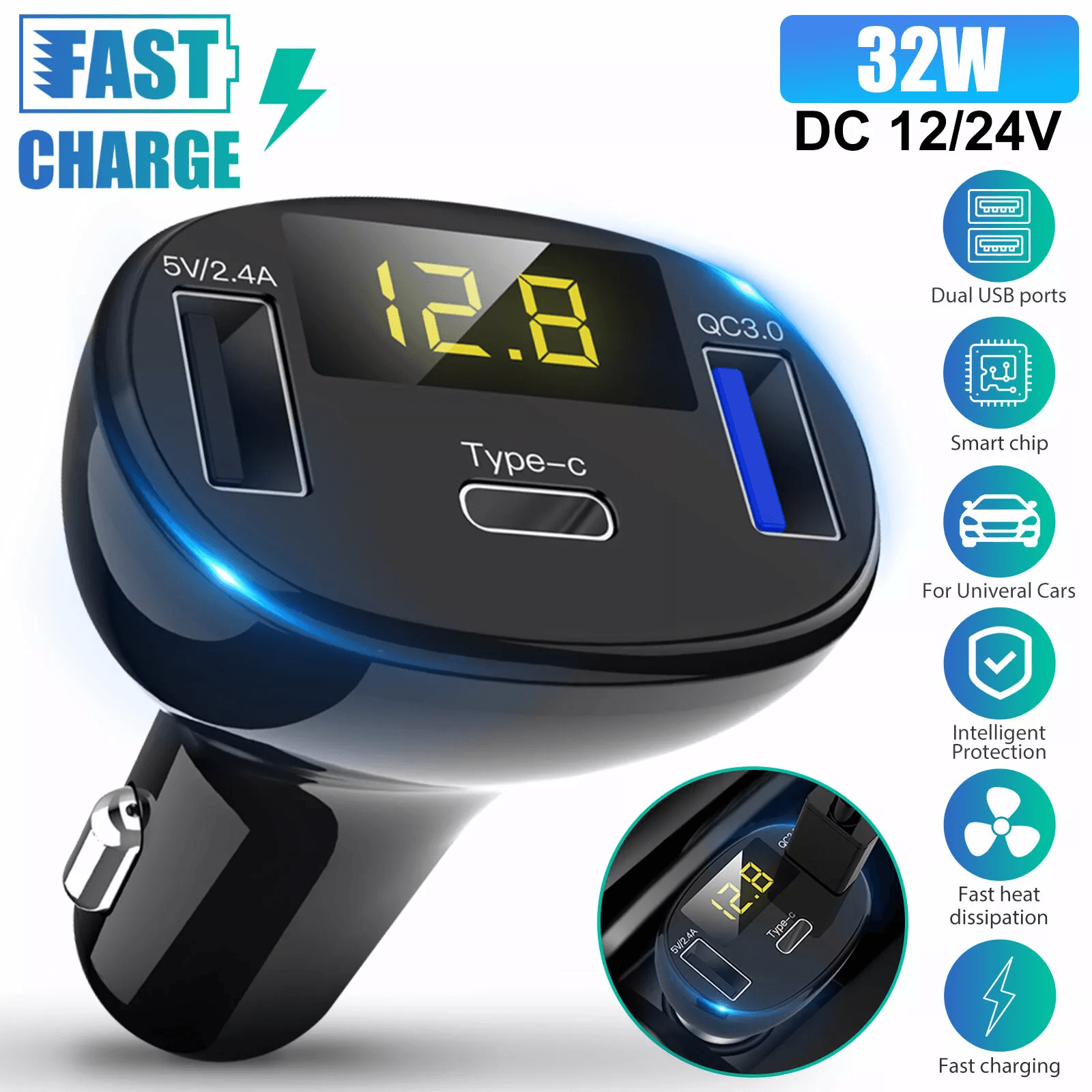 Fast Charge Dual USB Type-C PD Car Charger Adapter for iPhone & Android Devices
