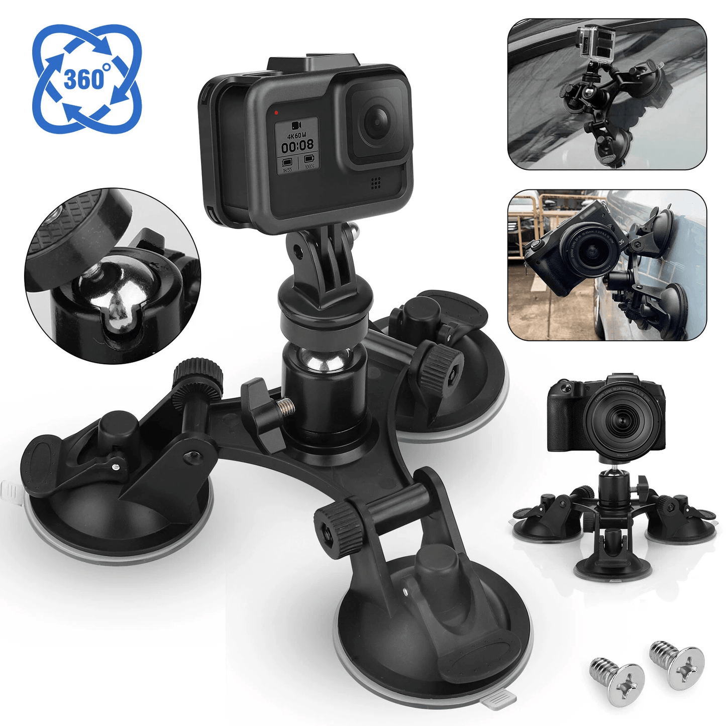 GoPro Car Mount with Triple Suction Cups for Hero, Strong Windshield Camera Holder