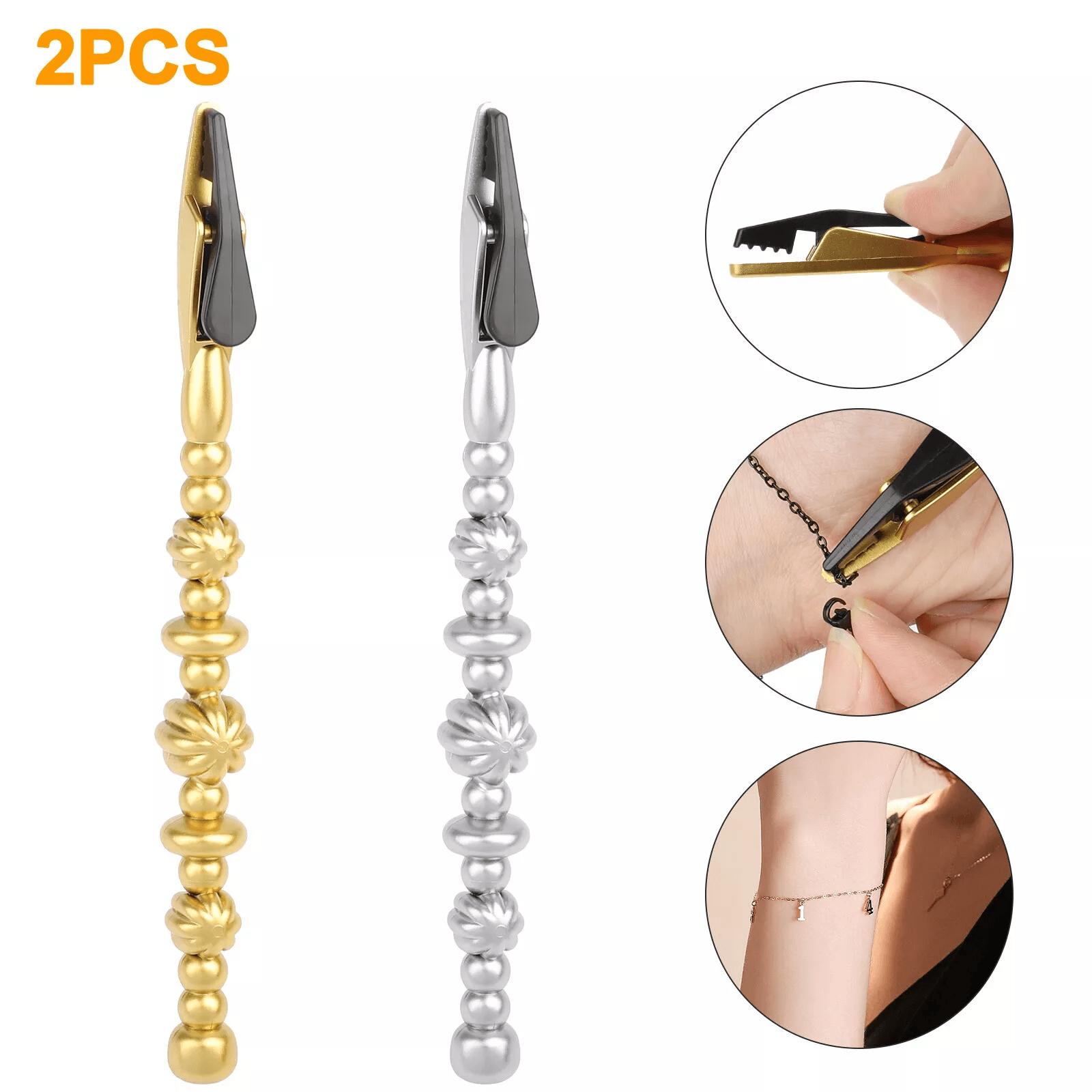 2X Bracelet Wearing Helper Stick Tool Long Clamp Chain Fastener Clip Plastic Hand Chain Aid for OneHand Use Gold Jewelry