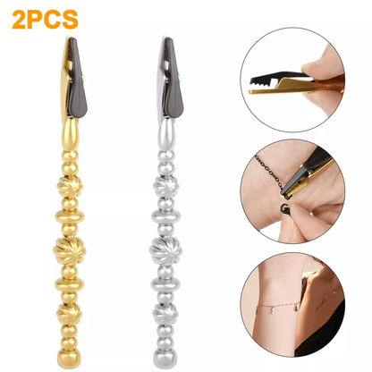 2X Bracelet Wearing Helper Stick Tool Long Clamp Chain Fastener Clip Plastic Hand Chain Aid for OneHand Use Gold Jewelry