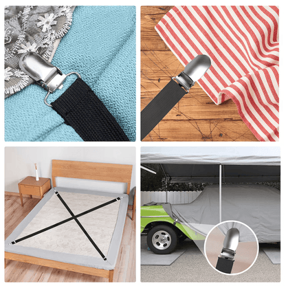 2x Adjustable Bed Sheet Fastener Elastic Suspenders Straps With Clips Secure Fitted Sheets  Mattres 1