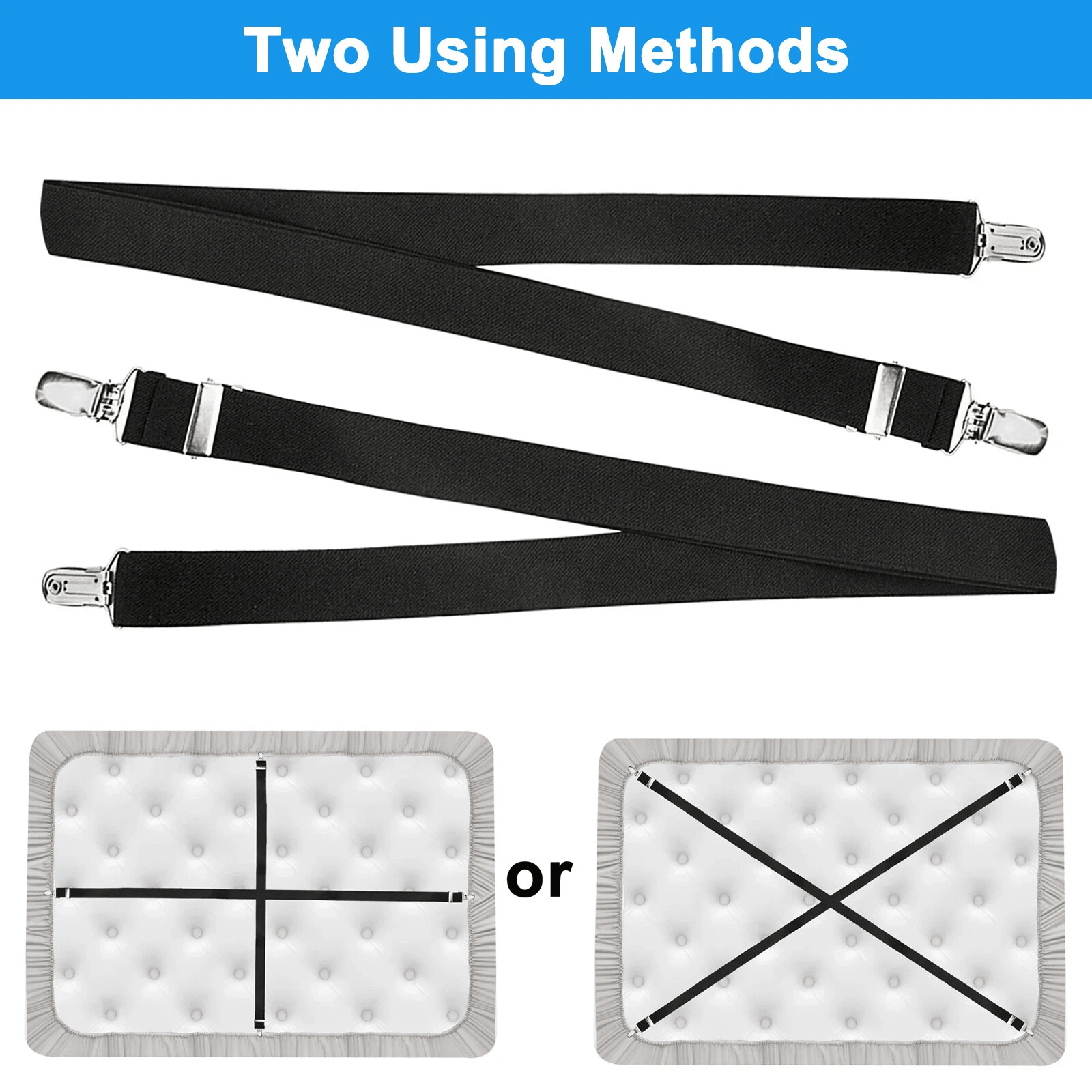 2x Adjustable Bed Sheet Fastener Elastic Suspenders Straps With Clips Secure Fitted Sheets  Mattres 4