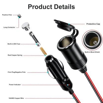Car Cigarette Lighter Socket Extension Cord Cable Heavy Duty Adapter For Auto Electronics Dash Cams 6
