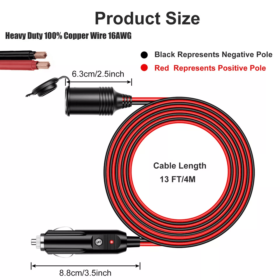 Car Cigarette Lighter Socket Extension Cord Cable Heavy Duty Adapter For Auto Electronics Dash Cams 2