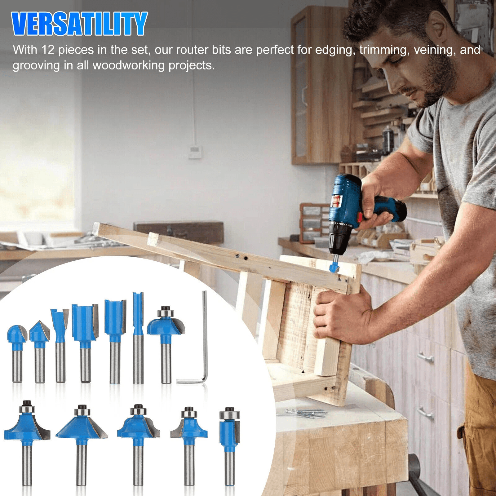 12 Piece Tungsten Carbide Router Bit Set Shank Woodworking Tools For Trimming Grooving Edging  DIY  6