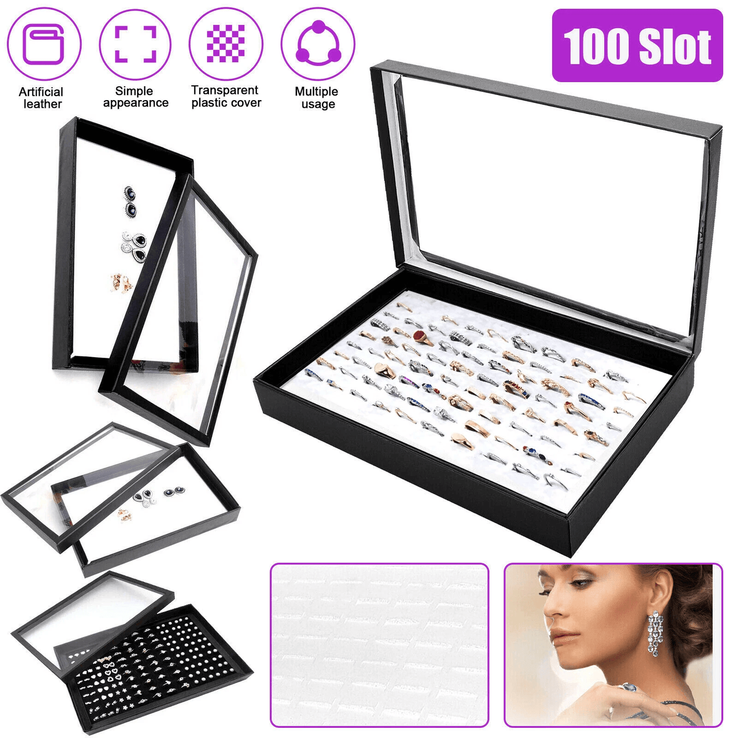 Premium Jewelry Ring Display Organizer Case Tray, Faux Leather Earring Storage Box with 100 Slots for Rings, Gifts
