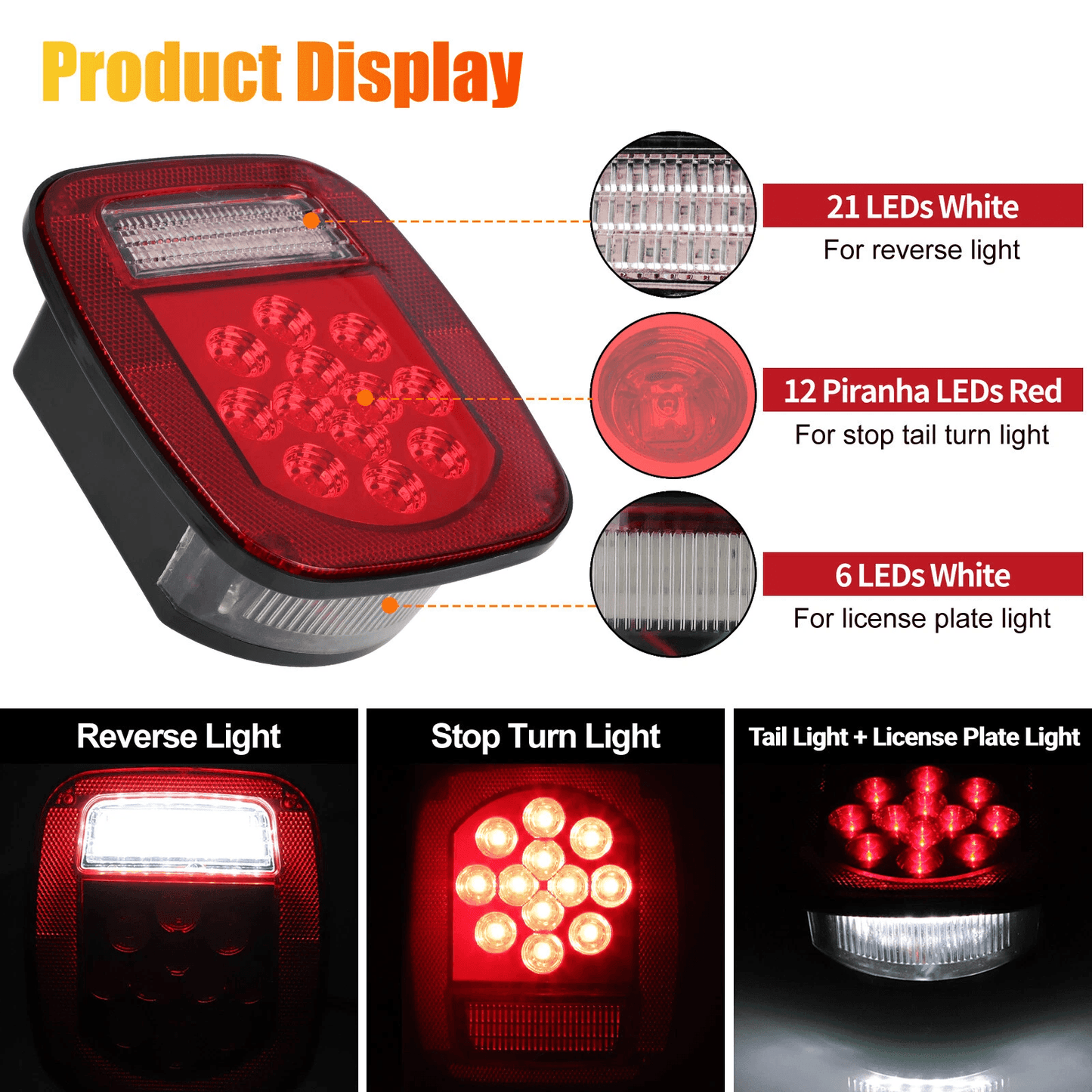 1 Pair Rear 39 LED Tail Lights Brake License Plate Lamp Waterproof Square Stop Turn Tail Light For  1