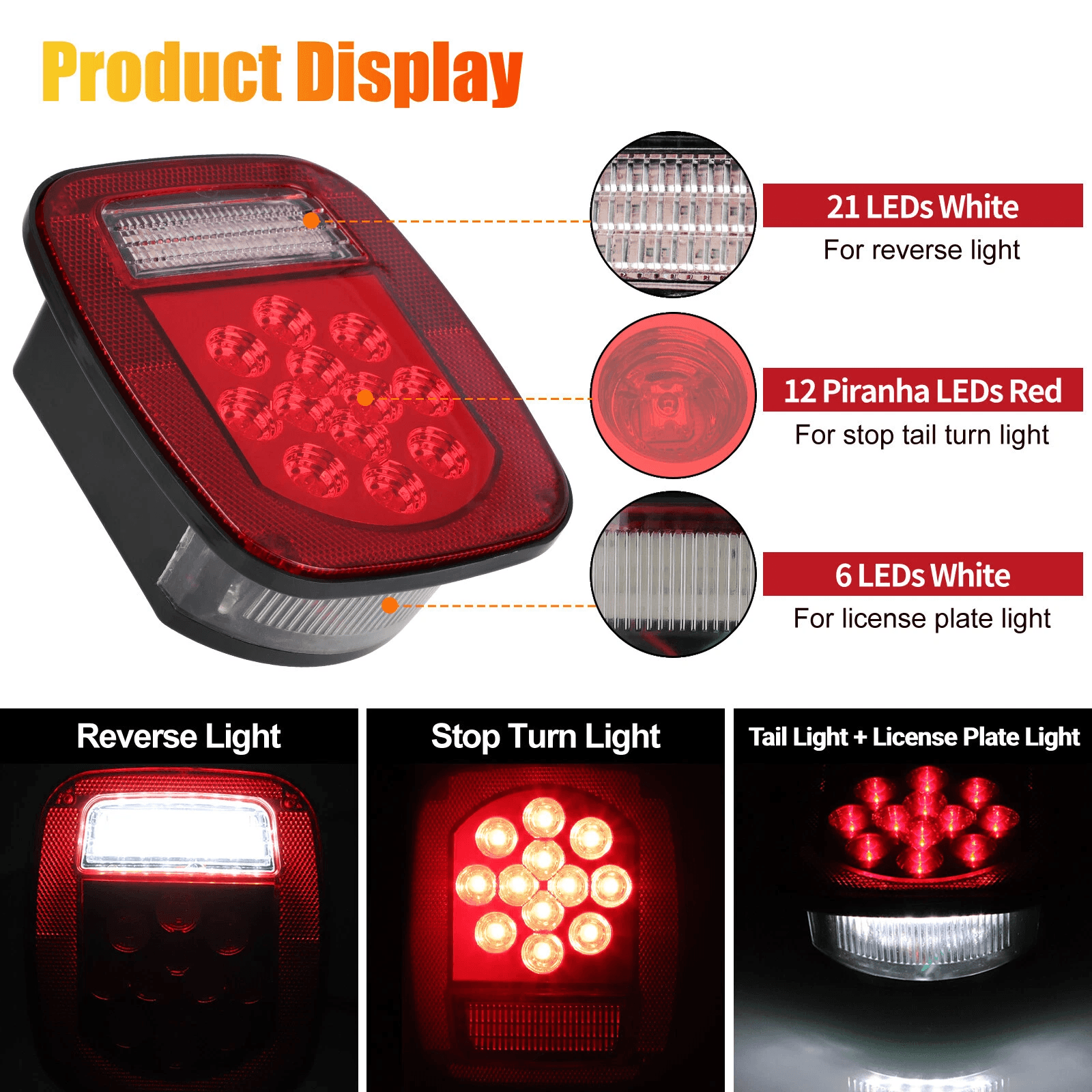 1 Pair Rear 39 LED Tail Lights Brake License Plate Lamp Waterproof Square Stop Turn Tail Light For  1