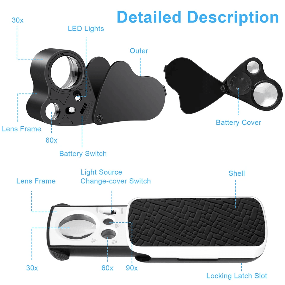 Jewelry Magnifier Loop Eye With LED Light Folding Magnifying Glass For Gems Watches Rocks And Hobby 8