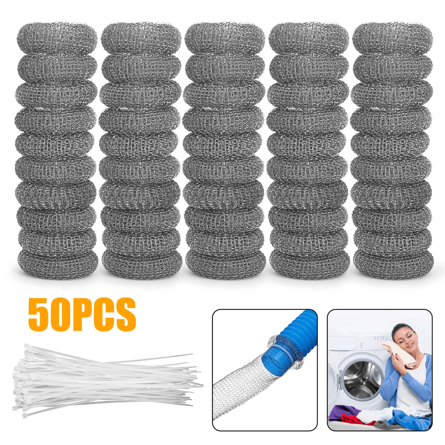 Washing Machine Lint Drain Filter Screen, Steel Wire Mesh Traps with Ties for Hoses, Prevents Clogs in Sink or Tub Drain