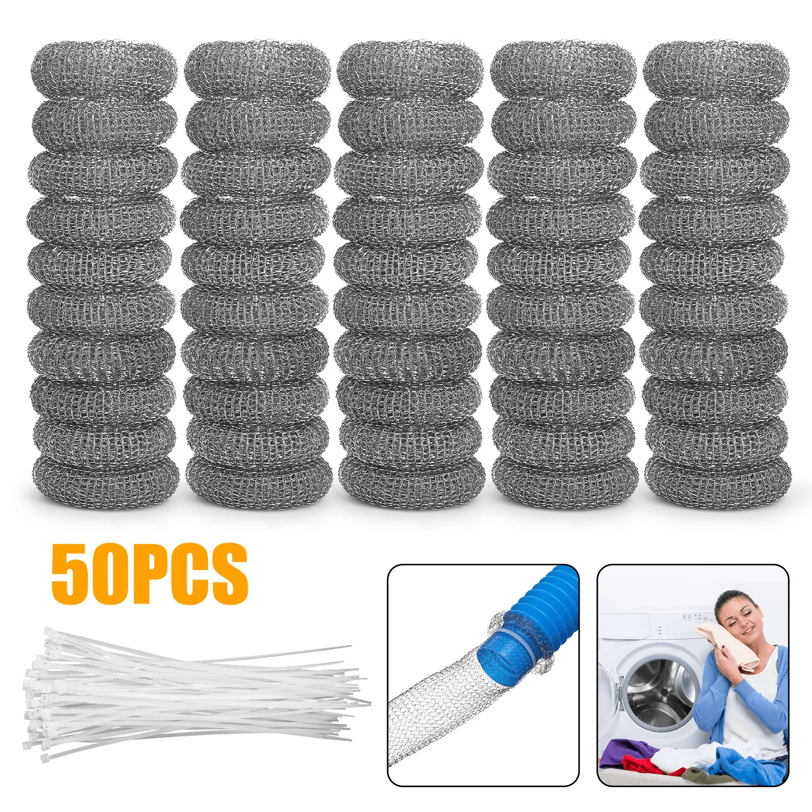 Washing Machine Lint Drain Filter Screen, Steel Wire Mesh Traps with Ties for Hoses, Prevents Clogs in Sink or Tub Drain