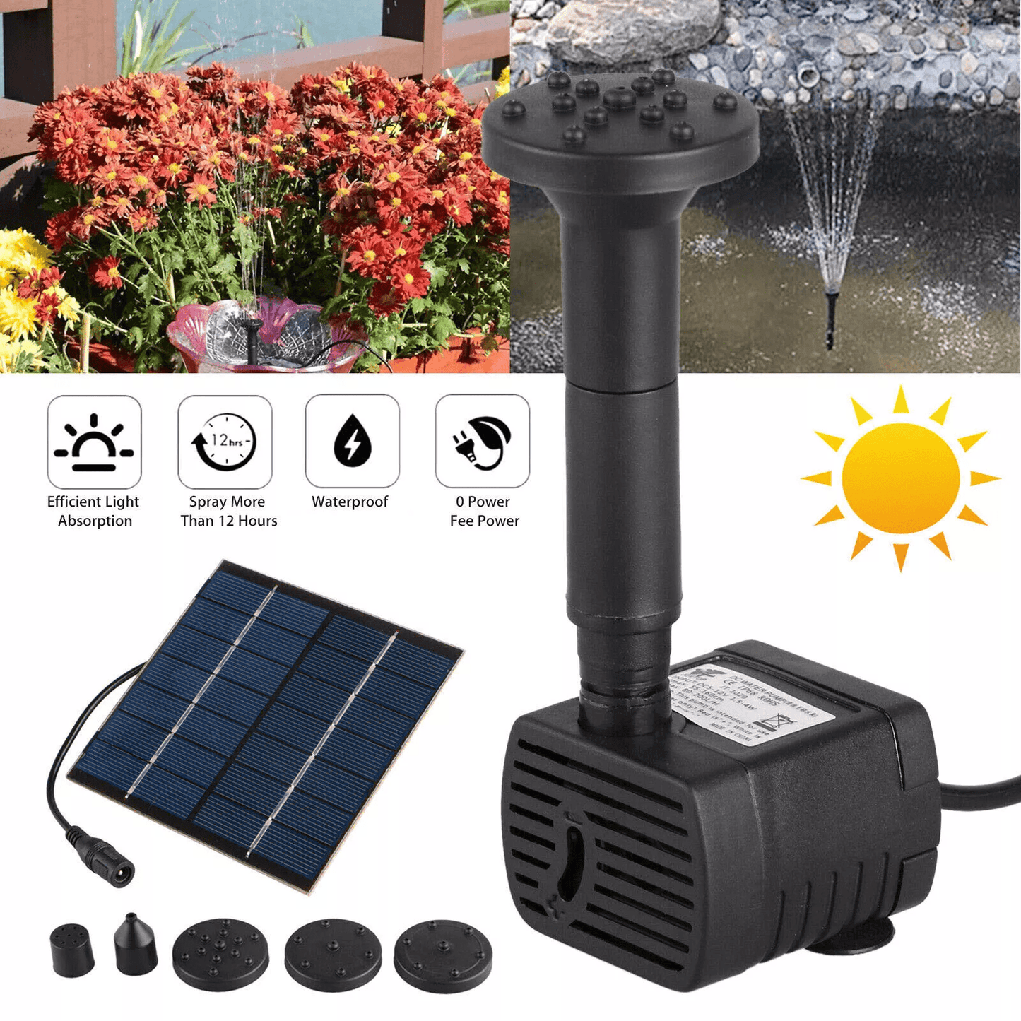Solar Power Fountain Floating Water Pump for Bird Bath, Garden Pond, Outdoor Yard Decor