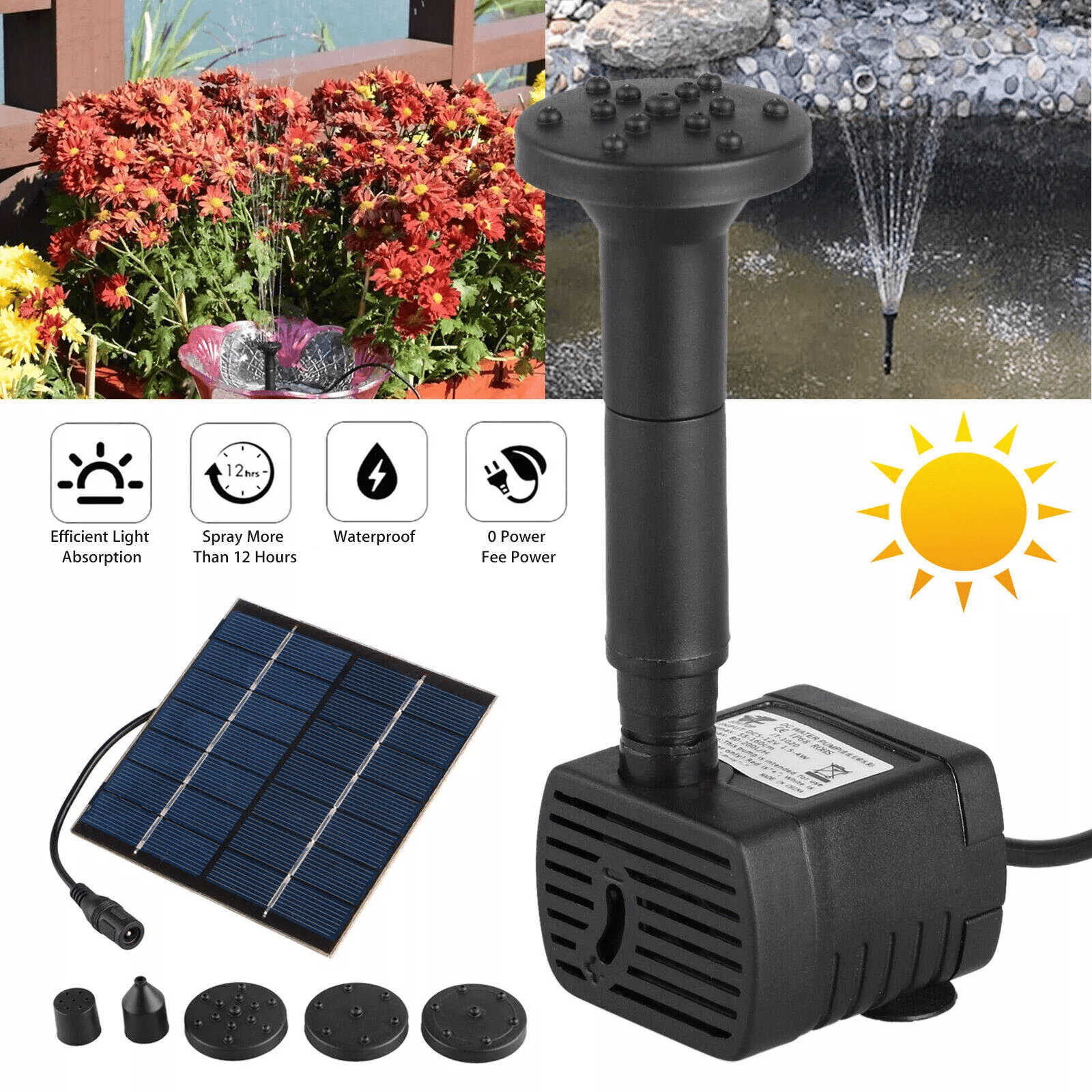 Solar Power Fountain Floating Water Pump for Bird Bath, Garden Pond, Outdoor Yard Decor