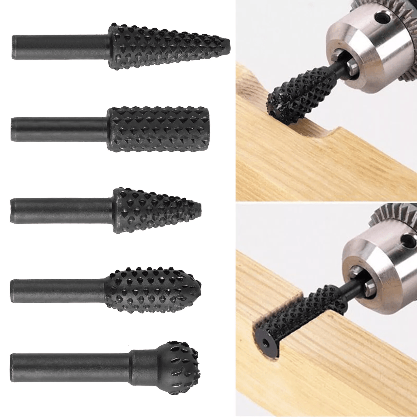 5Pcs 1/4" Steel Rotary Burr Drill Bit Set for Woodworking, Knife Carving, Grinding, Polishing, and Engraving