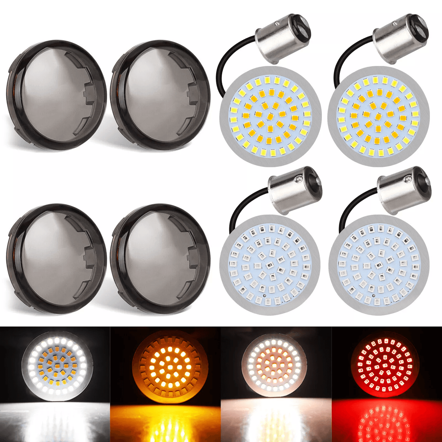 Smoke Lens 1157 Front & 1156 Rear LED Turn Signal Bullet Lights for Harley Davidson Motorcycles