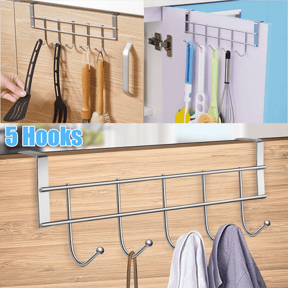 Over the Door 5 Hooks Rack Stainless Steel Towel Hanger for Clothes, Coats, Hats Ideal for Home Bathroom Organization