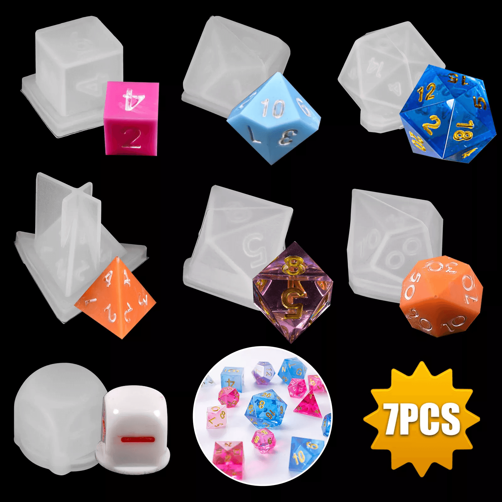 Dice Silicone Resin Mold Set, DIY Polyhedral Epoxy Moulds for Tabletop Games & Crafts