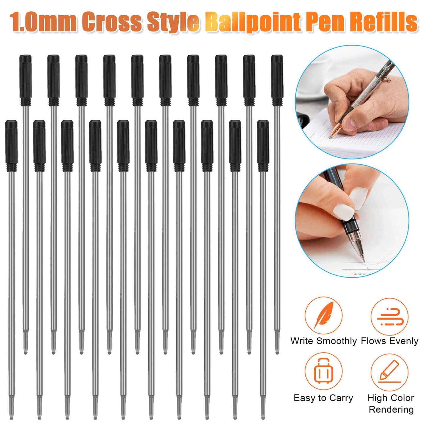 20Pcs Cross Style Ballpoint Pen Refills Black Ink 1.0mm Medium Point Smooth Writing Compatible with Cross & Other Brands