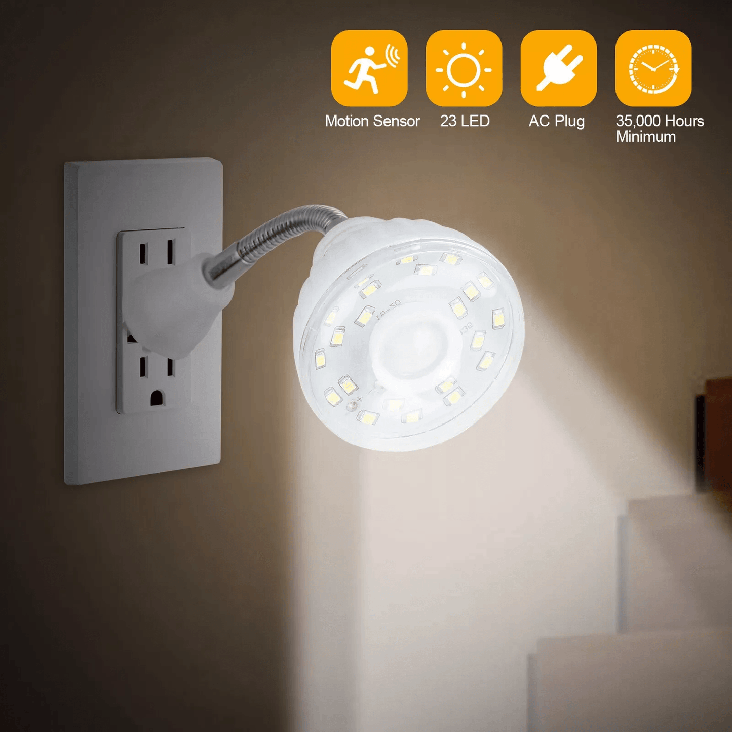 LED Motion-Activated Night Light Plug-In Wall Lamp for Indoor Outlet, Hallway, Stair Use