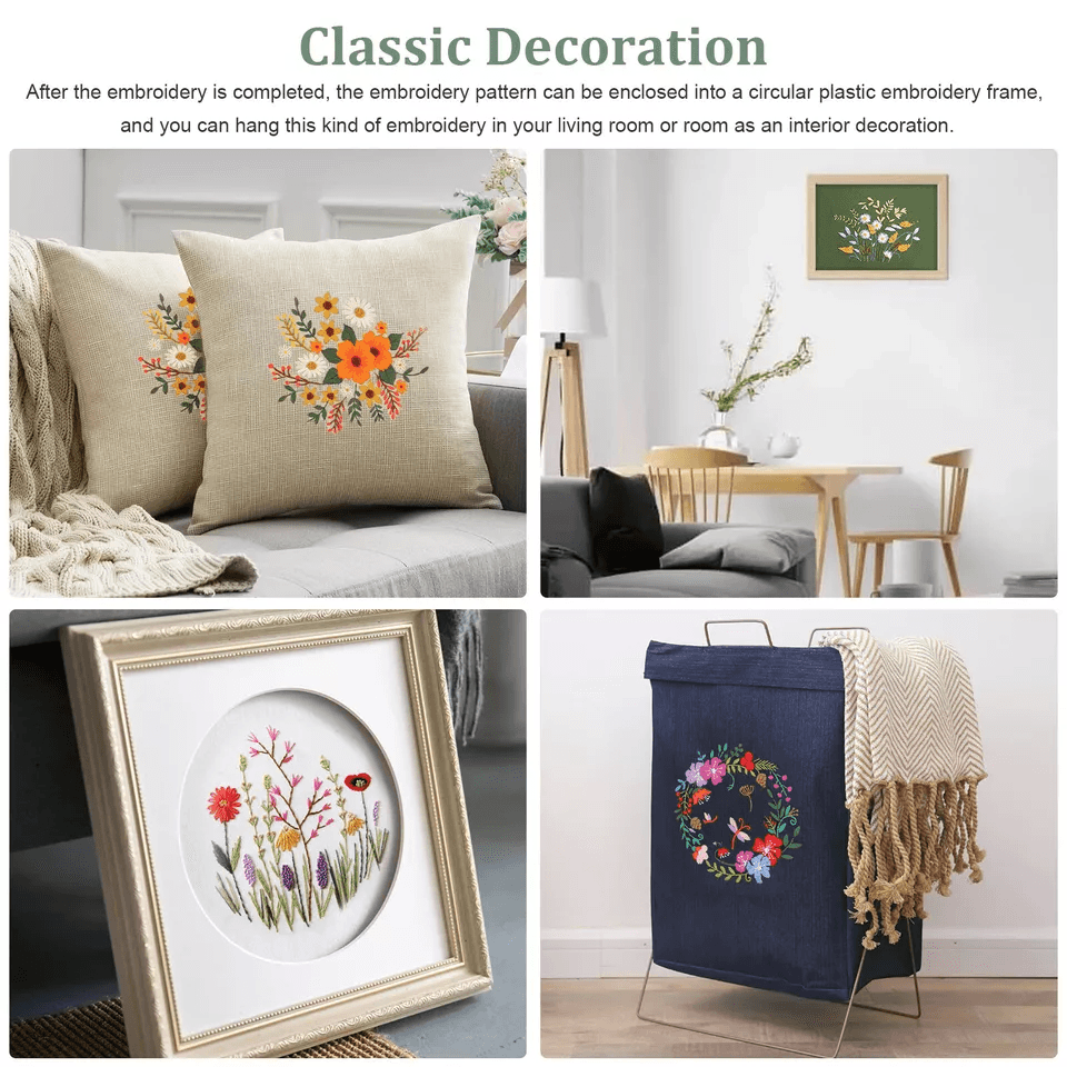 Beginner Cross Stitch Embroidery Starter Kit DIY Stamped Kits With Hoops Threads  Floral Patterns 5