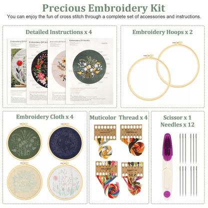 Beginner Cross Stitch Embroidery Starter Kit DIY Stamped Kits With Hoops Threads  Floral Patterns 2