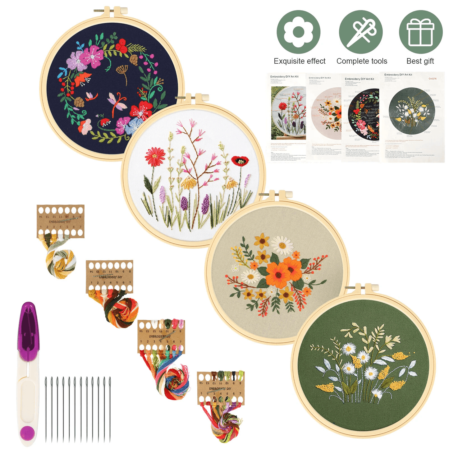 Beginner Cross Stitch Embroidery Starter Kit, DIY Stamped Kits with Hoops, Threads & Floral Patterns