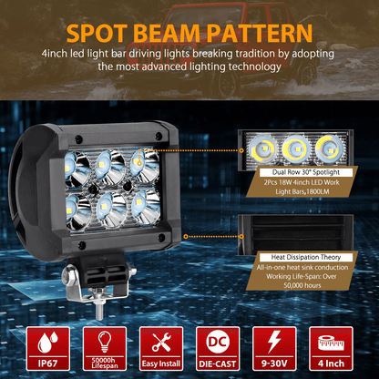 2x 4inch 18W LED Work Light Bar Spot Beam Pods Fog Driving Lamp For Offroad Truck SUV ATV UTV Jeep  3