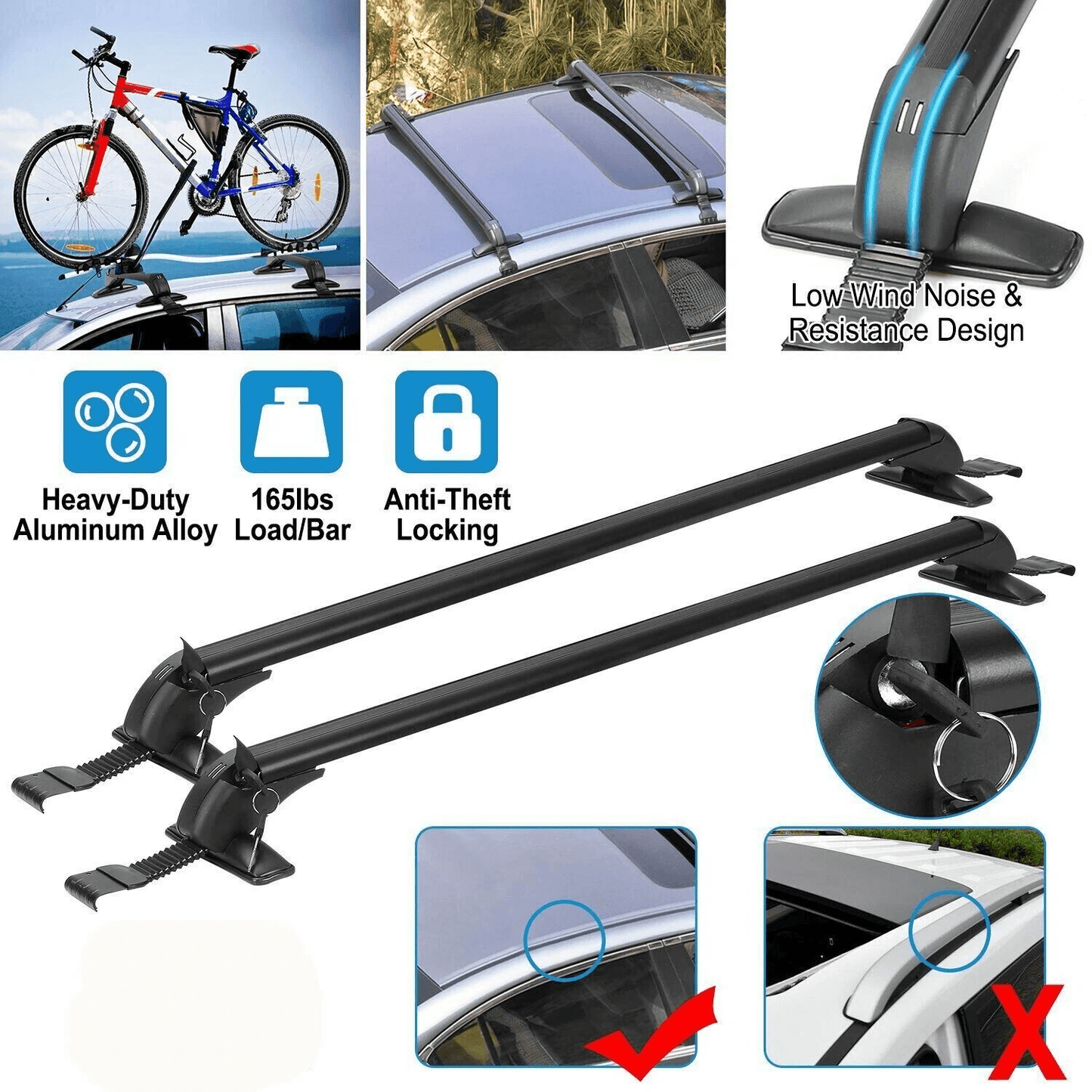Universal Car Top Roof Rack Cross Bar, Heavy-Duty Aluminum Luggage Carrier w/ Lock, Fits Most Vehicles