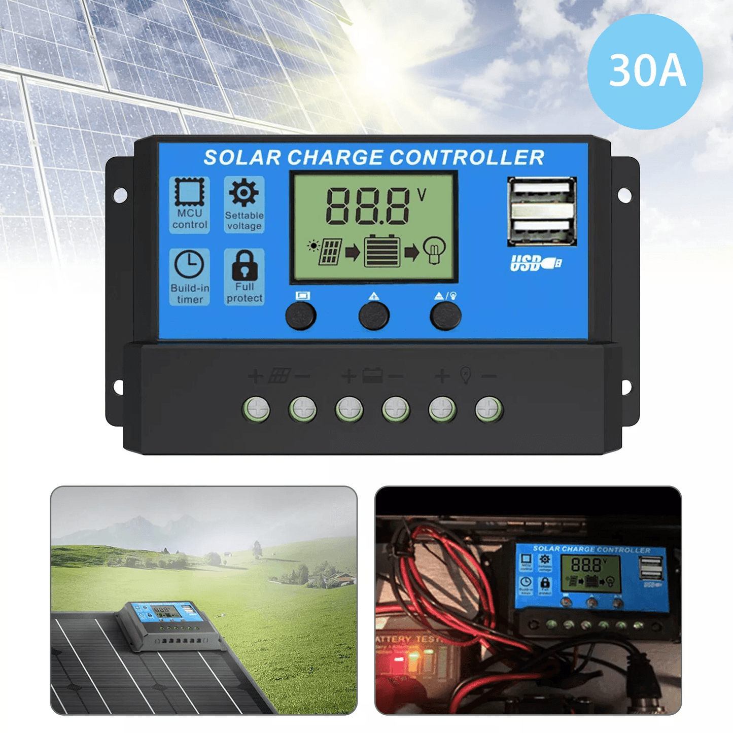30A Solar Panel Charger Controller PWM Dual USB LCD Regulator Auto Battery Charging for Home RV Boat Off Grid System
