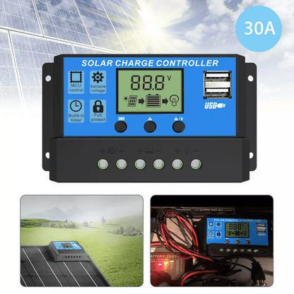30A Solar Panel Charger Controller PWM Dual USB LCD Regulator Auto Battery Charging for Home RV Boat Off Grid System