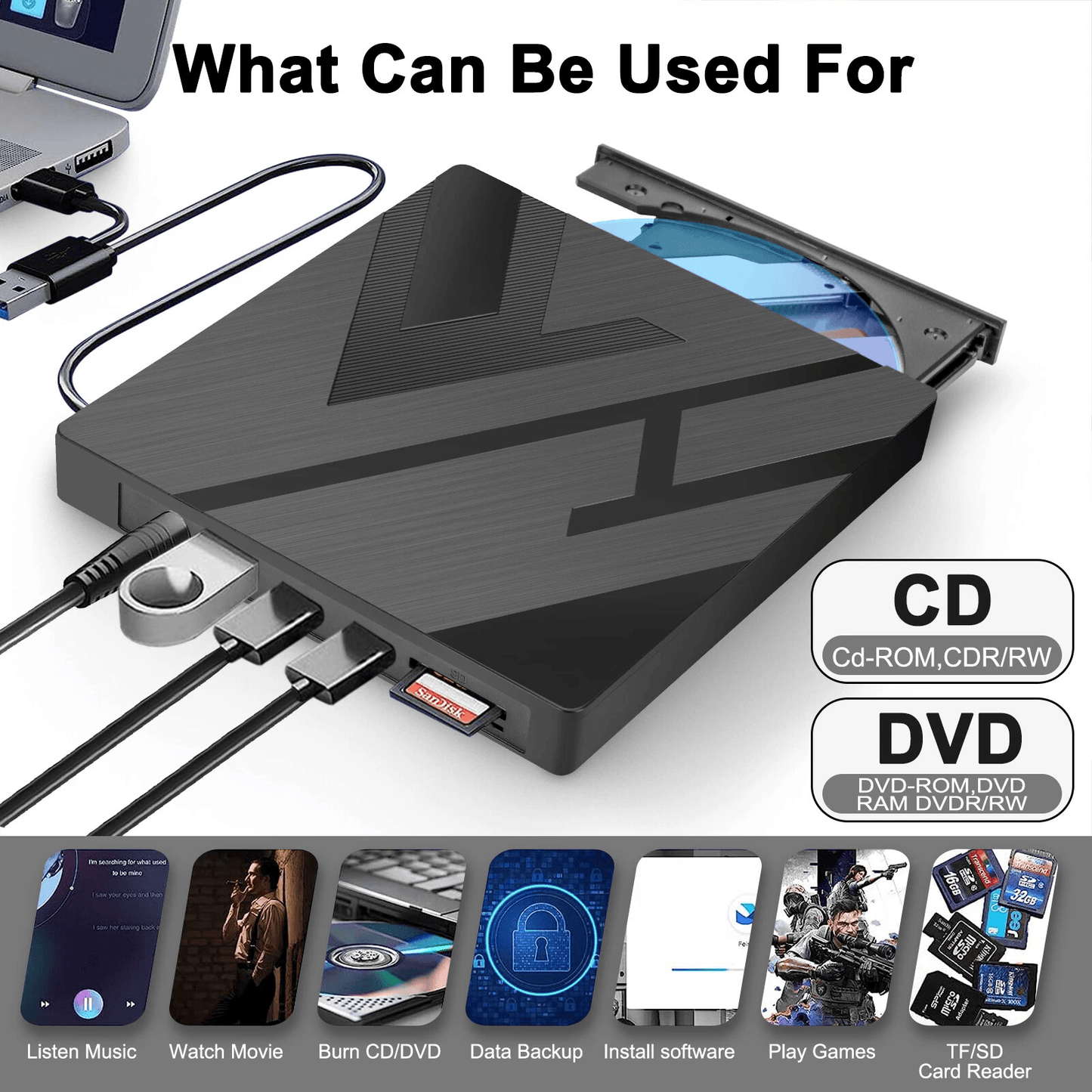 External CD DVD Drive USB Player Reader Writer For PC Laptop Windows 7 8 10 Portable DVD With SDTF  2
