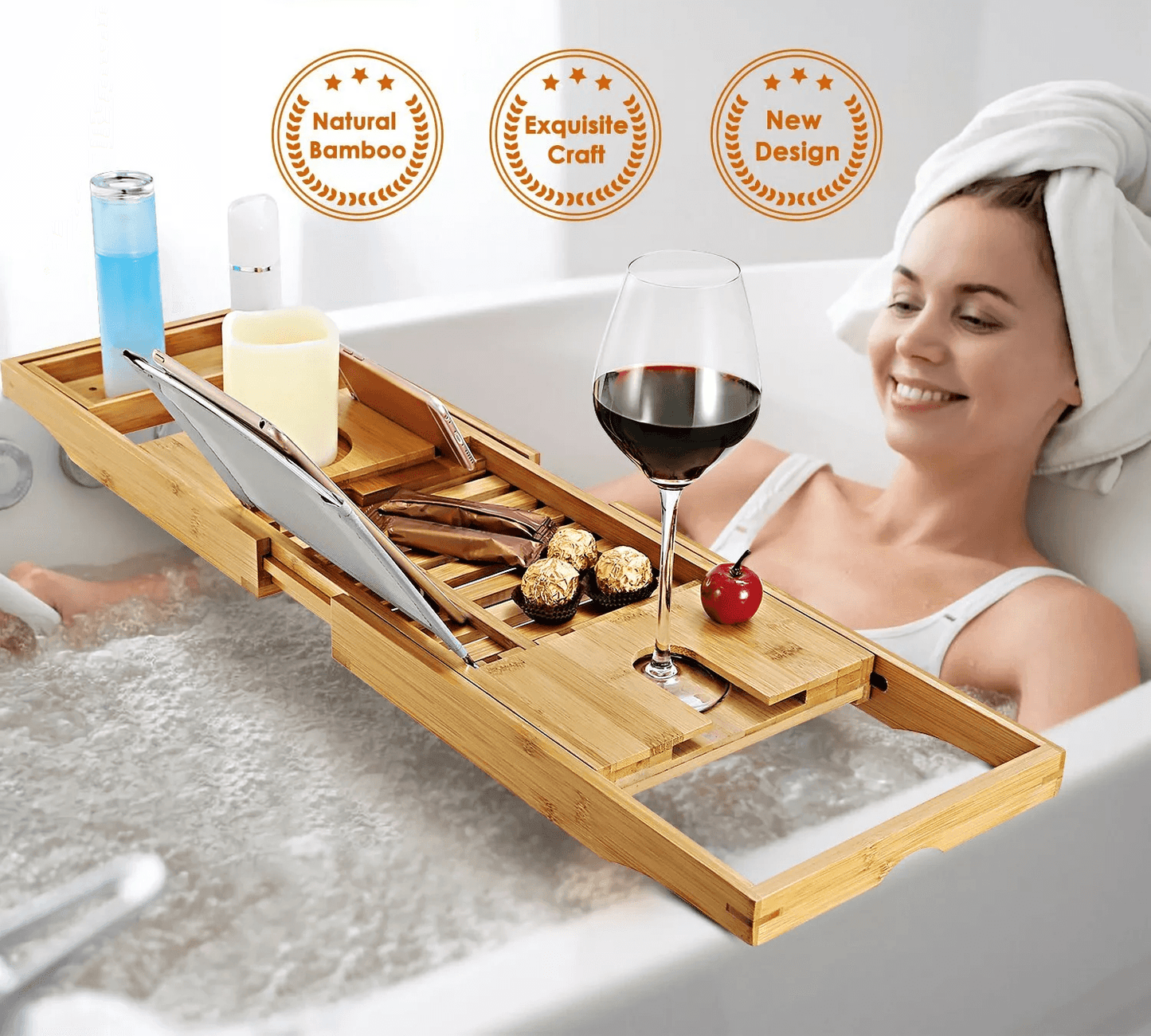 Bamboo Bath Tray Table Bathtub Caddy Tray, Adjustable Over the Tub Shelf Bath Holder Desk with Wine, Book, & Phone Slot